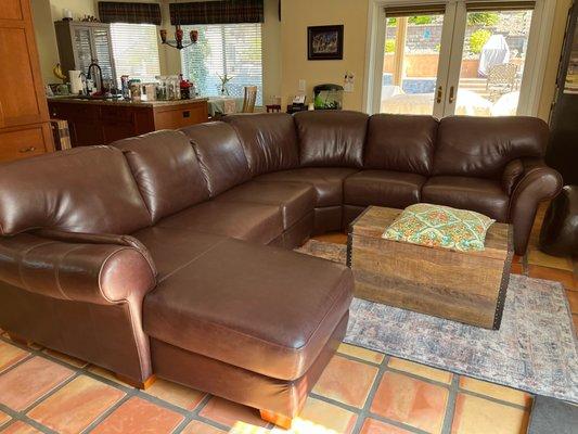 Sectional after Ming's restoration. Same leather, different lighting. Very comfortable now!