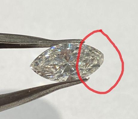 Jeff Derr broke this stone when he set it. A GIA-certified gemologist confirmed that it broke during setting. He lied about it.