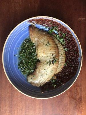 Skate with charmoula and chimichurri.