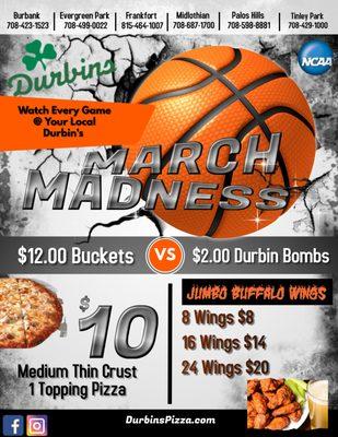 March Madness is Here & so are Durbin's Buffalo Wing & Pizza Specials!!