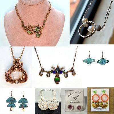 Large selection of jewelry by amazing RVA artisans JauntWraps, Colleen Flood, larkeceramics, First & Third Co, Atomic Mod Jewelry and more!