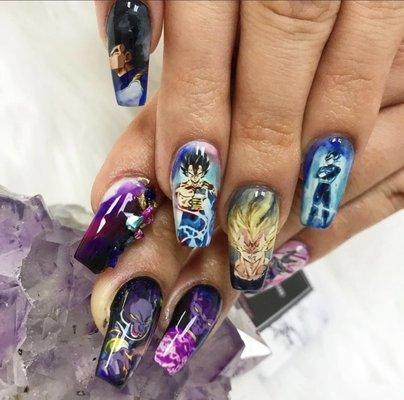 Dragon Ball Z nails, including Vegeta and Beerus!