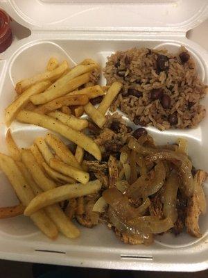 Yummy shredded chicken with Moros and season fries