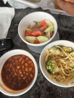 Baked beans, pasta salad and cucumber salad-yummy