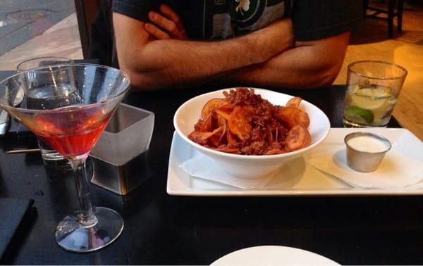 Sweet potato chips smothered in bacon. Yowza!