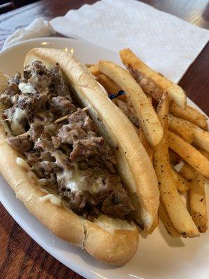 Philly Cheesesteak Sandwich and Seasoned Fries. Delicious!