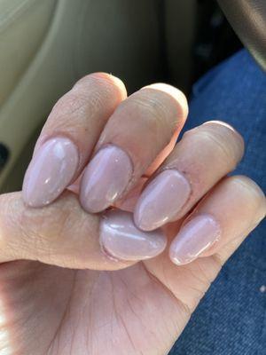 Chunky dip powder nails. Dip powder smeared onto my cuticles.