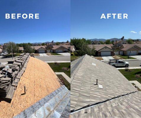 Checkout this before and after for a Tile Reroof. Call us today to schedule your free in-person estimate!