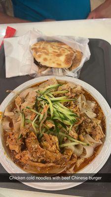 Tasty beef Chinese burger with saliva chicken cold noodles