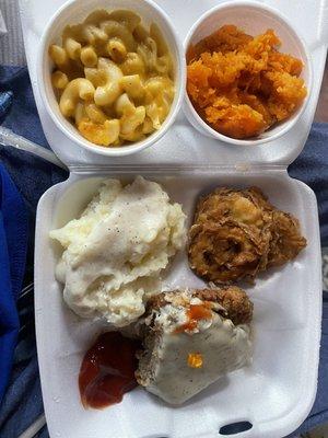 Country fried steak, mashed potatoes, yams, mac and cheese, fried squash.