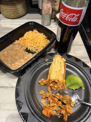 Pork tamale with rice and beans (I added my own avocado) and a liter Mexican coke