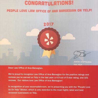 2017 Yelp certificate! Lots of love from the Yelp community for the Law Office of Ana Barsegian