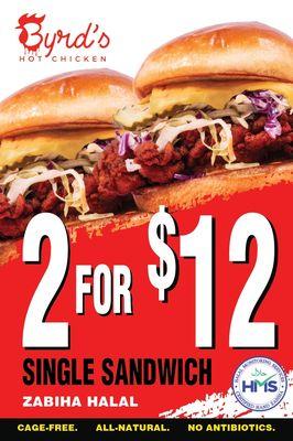 2 single sandwiches for $12 only