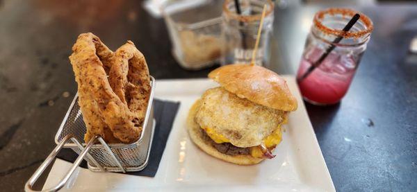 Breakfast Burger with onion rings