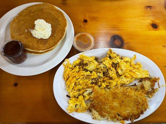 Chorizo Omelet, with Hash Browns and Buttermilk Pancakes