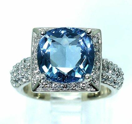 G VS diamond London blue gem halo ring 14K WG round brilliant cushion 7.7C 10.9G