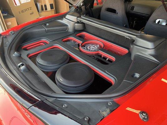 Custom Trunk in a Mazda RX-7. 12 inch Mille Pro Subwoofers and Audison SR Amplifiers.