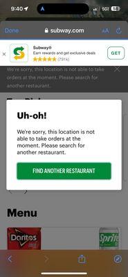 Online ordering shut off with timestamp included.