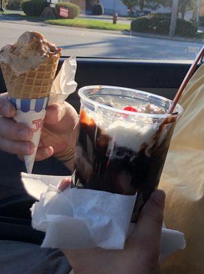 Single scoop in a waffle cone and a Warm Brownie Sundae -