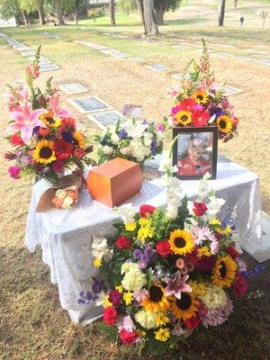 Bright colored arrangements*2 spring w sunflowers-Gerber daisies*1 large funeral w white gladiolas-sunflowers-pink stargazers-purple daisies