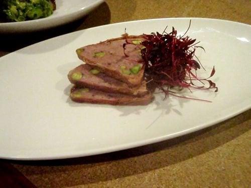 Duck terrine with dried cherries and pistachios.