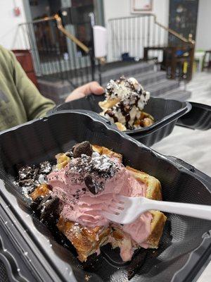 Waffle with salted caramel ice cream topped with whip cream and chocolate drizzle