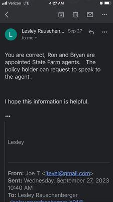 Lesley explaining that while assigned to accounts "for decades," it is her husband and son who are the "appointed State Farm agents"