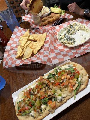 Spinach and artichoke dip, vegetable flatbread, & Fish Sandwich