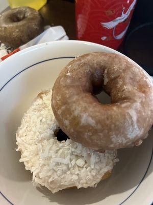 Coconut donut and plain glazed cake donut