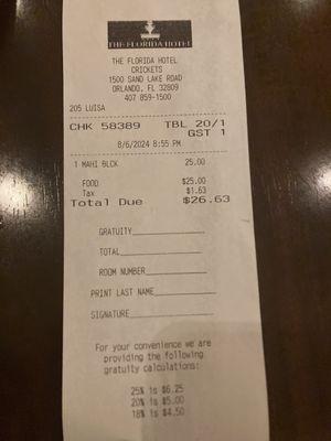 Receipt. For sandwich, fries and water.