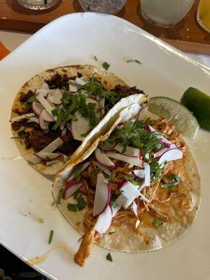 Chorizo & shredded chicken tacos