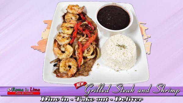 Try our new dish grilled steak and shrimp best combination only in Romainlima