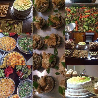 Crab stuffed mushrooms, beef and broccoli, desserts