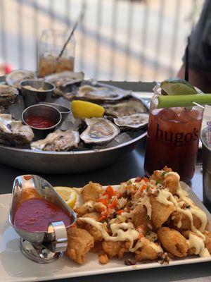 Calamari , oysters and a Bloody Mary - great brunch!