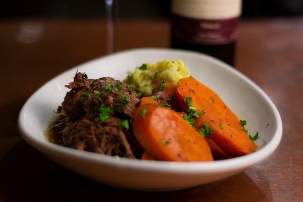 Our Guest Favorite, Country Pot Roast paired with our 631 Signature Merlot