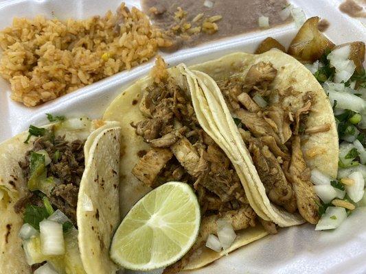 The taco plate, chicken with rice and beans