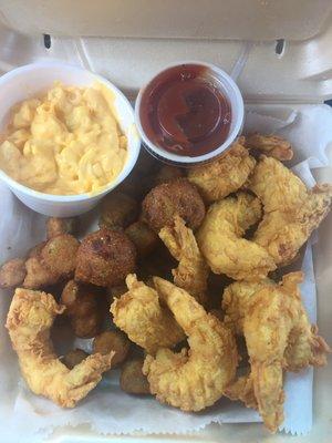 Jumbo shrimp combo with fried okra and Mac n cheese