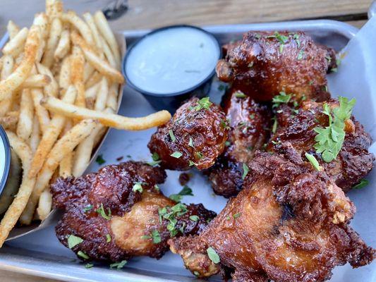 Imperialish Japanese Chicken Wings, served with fries and wasabi ranch