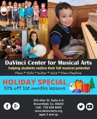 PIANO, VIOLIN, GUITAR, and VOICE Lessons. Enjoy learning an instrument with our very talented instructors.  720 838 8685 Davinciarts.org