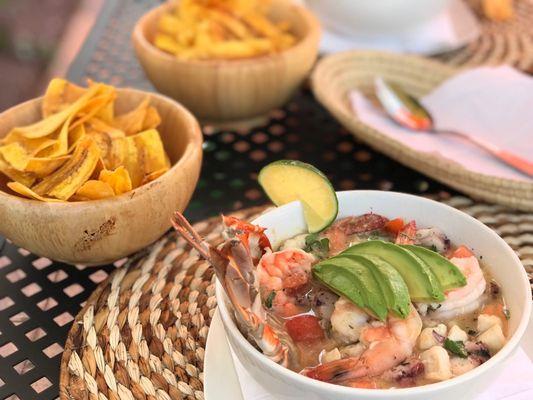 Toquillo ceviche with plantain chips