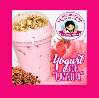 YOGURT (PLAIN, STRAWBERRY, PECAN, PIÑA COLADA OR MANGO WITH 3 FRUITS (APPLE, STRAWBERRY AND MANGO) GRANOLA AND HONEY