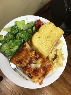 Beef lasagna, garlic bread, salad, chicken Alfredo