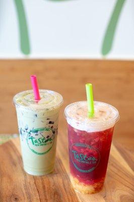 Left to Right: Matcha Milk Tea and Peach Me Sweetea