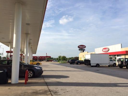 Two stores on the same side of the road.