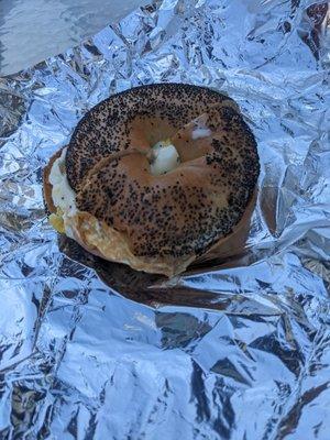 Porkroll, egg, and cheese on a bagel