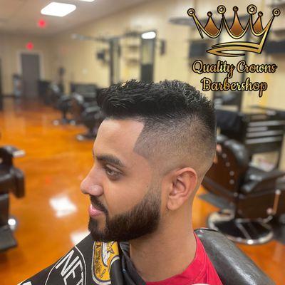 Mid fade haircut blend into beard