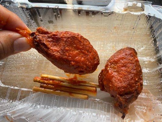 Chicken wings - they have a wood stick to give you that. Chicken wing feel