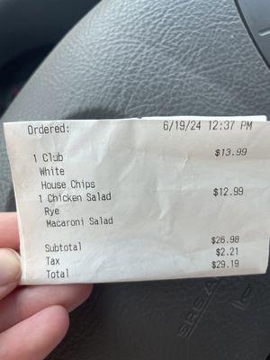 Receipt for lunch for two