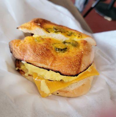 Bacon, egg & cheese on a jalapeño & cheese bagel.