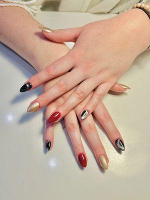 Cat eye nails on varied color backgrounds